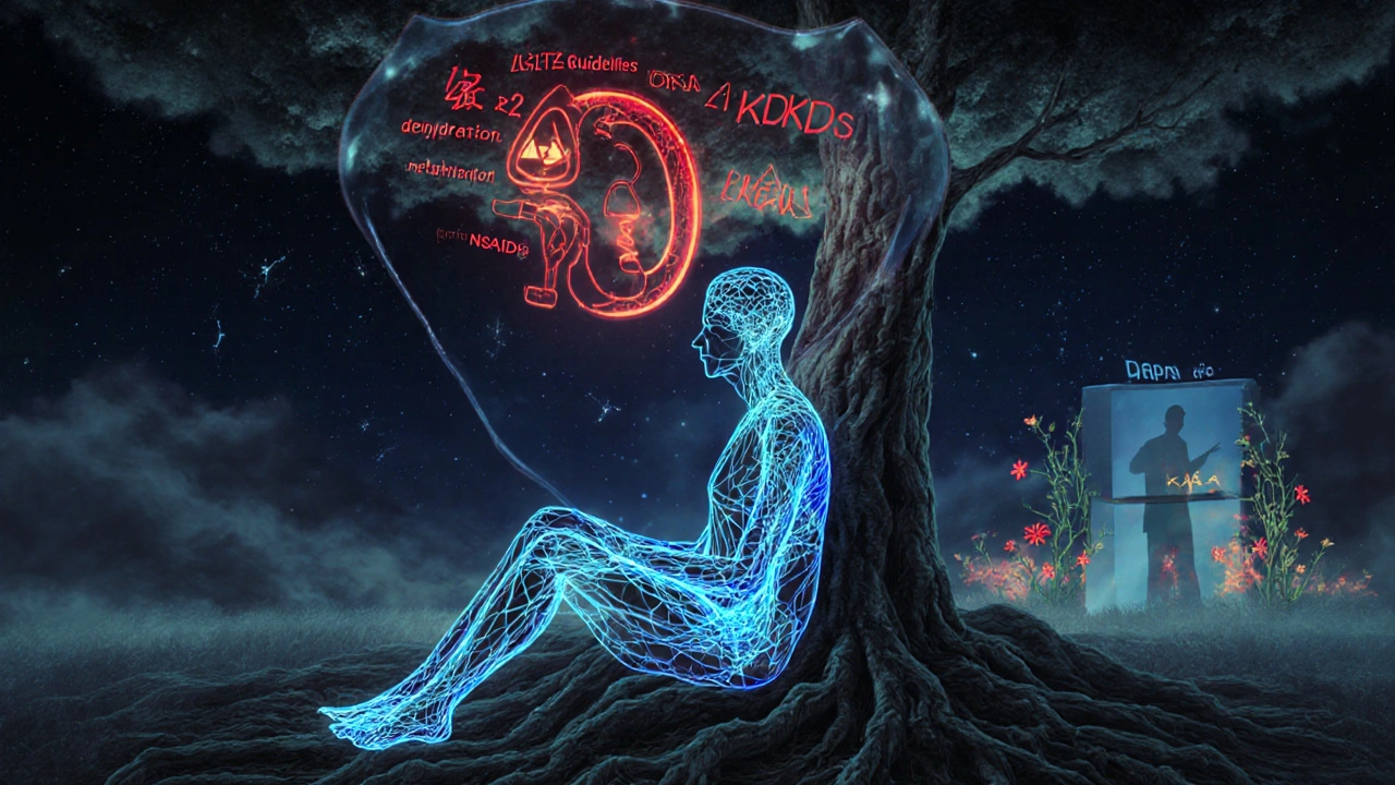 A patient beneath a tree with renal-shaped roots, protected by glowing guidelines as stormy warning symbols dissolve around them.