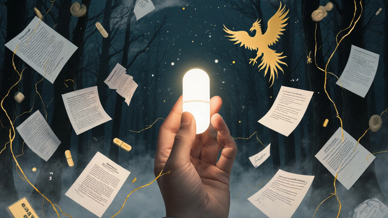 A patient holding a glowing pill as appeals and assistance symbols rise like celestial vines around them.