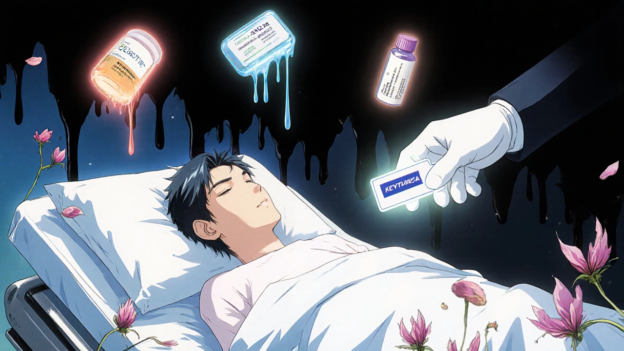 A patient lies in bed as genuine cancer drugs glow warmly above, while shadowy counterfeit versions drip darkness onto the sheets.