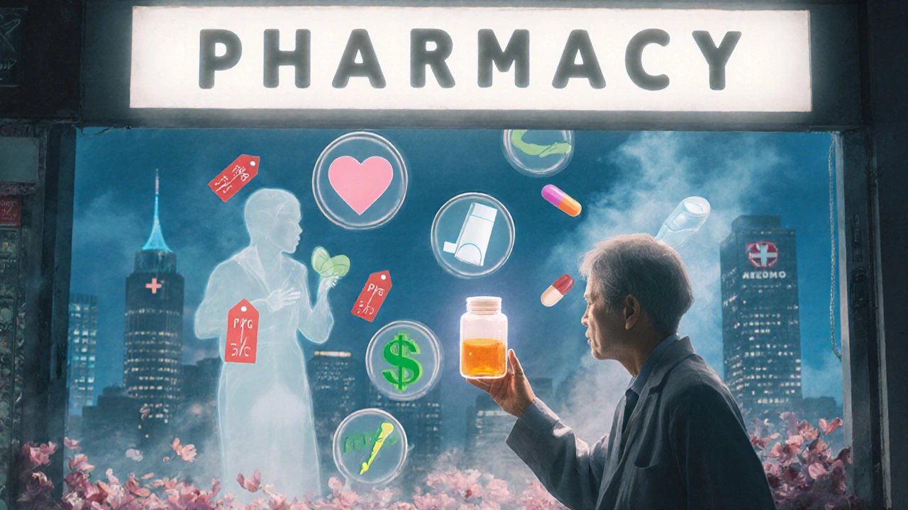 A patient reaching for a prescription as floating price tags shift from red to green, surrounded by medical icons and misty buildings.