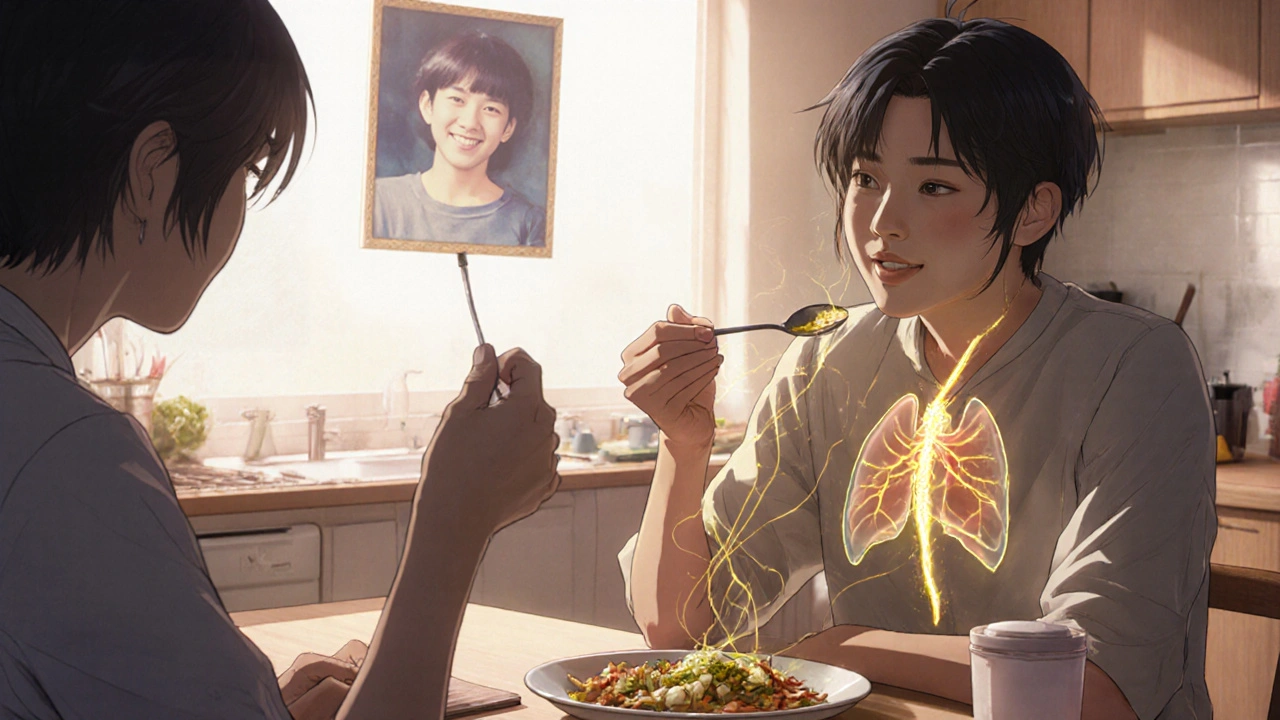 A person eats a meal with loved ones while a subtle feeding tube glows with golden nutrient streams flowing into their body.