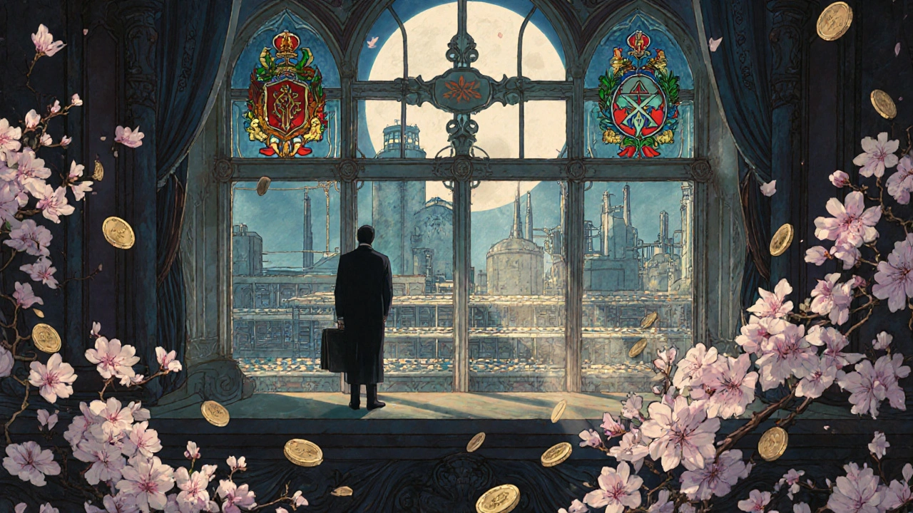 A pharmaceutical executive watches twin production lines making identical pills, under a moonlit factory window with stained glass.