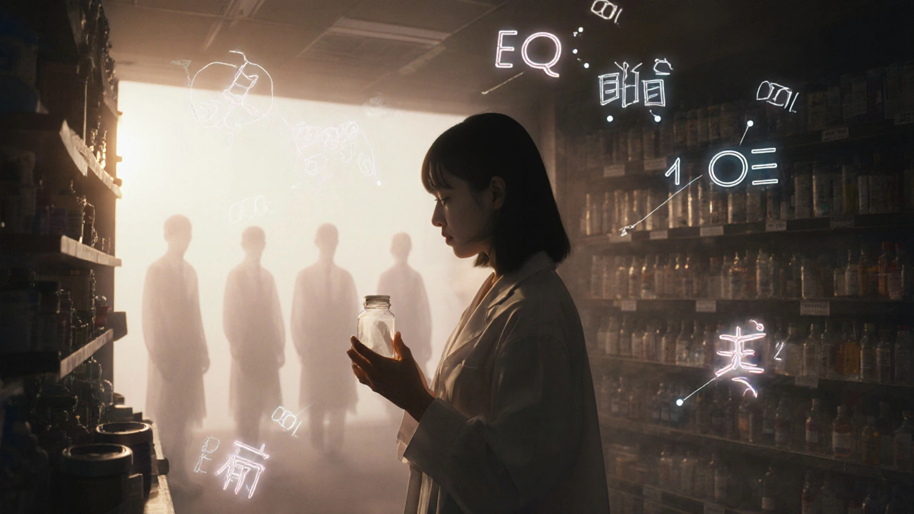 A pharmacist holds an empty pill bottle while ghostly patients fade away, surrounded by glowing supply chain metrics.