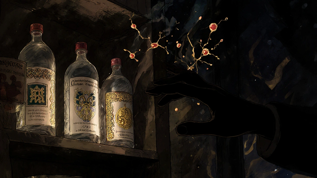 A shadowy pharmacy shelf with glowing Mildronate bottles in an Eastern European alley.