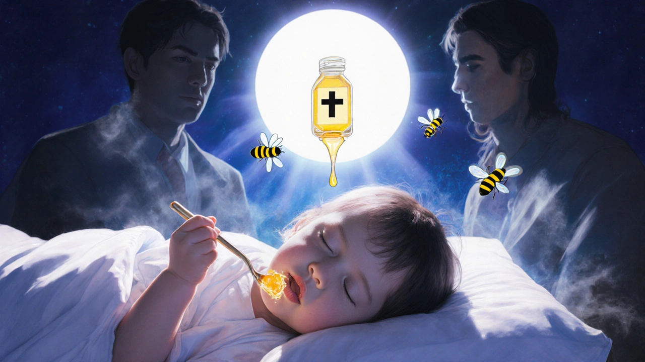 A sleeping child with honey on their lips, surrounded by glowing honeybees and dissolving medicine bottles.
