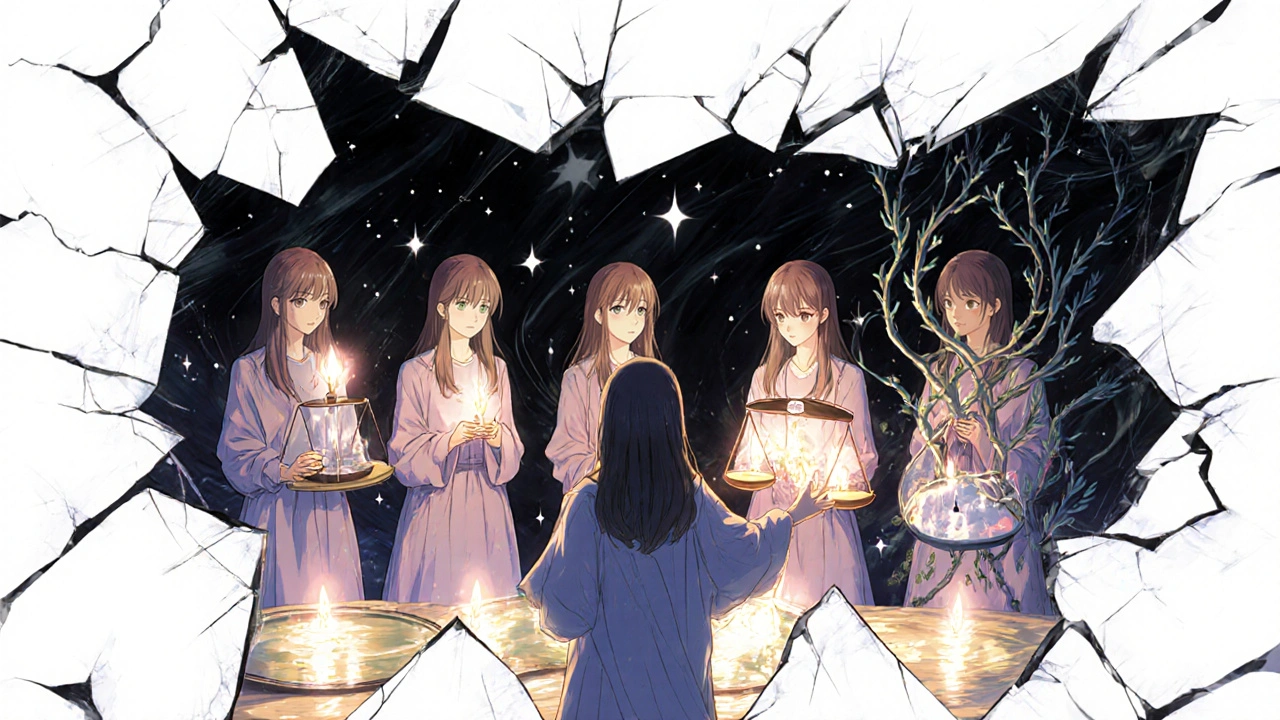 A woman facing fractured reflections of DBT skills, reaching toward a single candle.