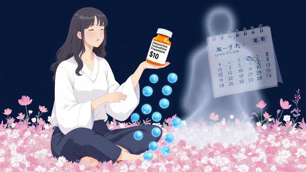 A woman in a petal garden holds a low-cost fluoxetine bottle as a branded capsule dissolves into mist.