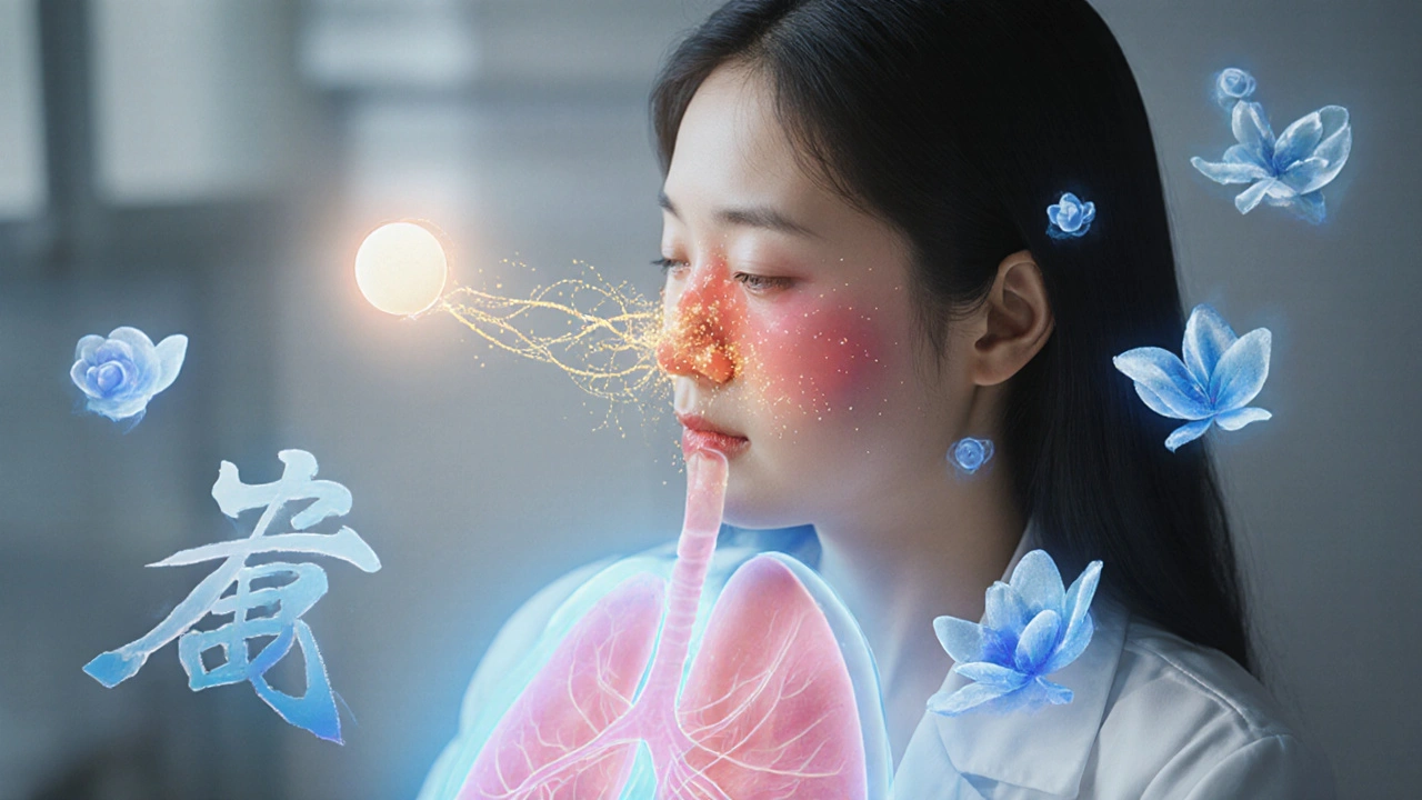 A woman undergoing aspirin desensitization as golden light restores harmony to her airways and sinuses.