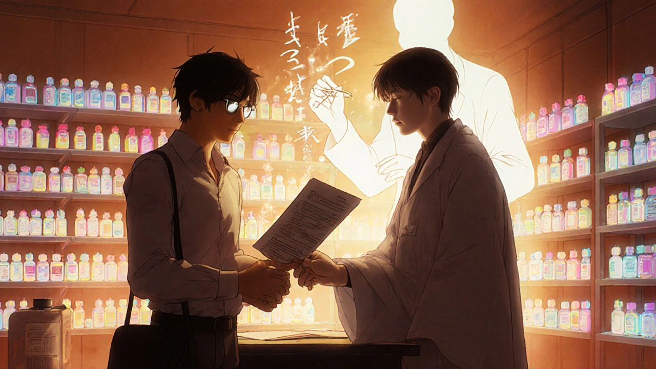 Canadian pharmacist and spectral doctor creating a new prescription with glowing ink in a warm pharmacy.