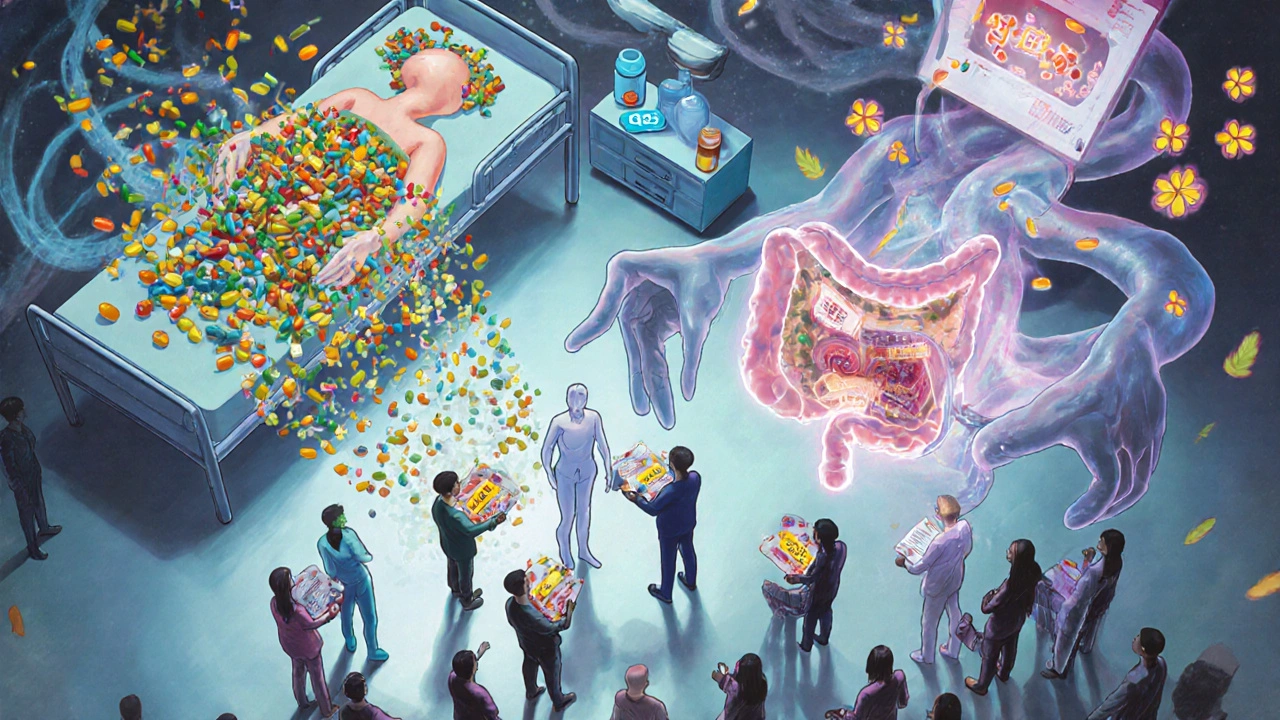 Floating hospital beds with nutrient streams and intertwined stomachs blooming with health milestones in ethereal anime style.