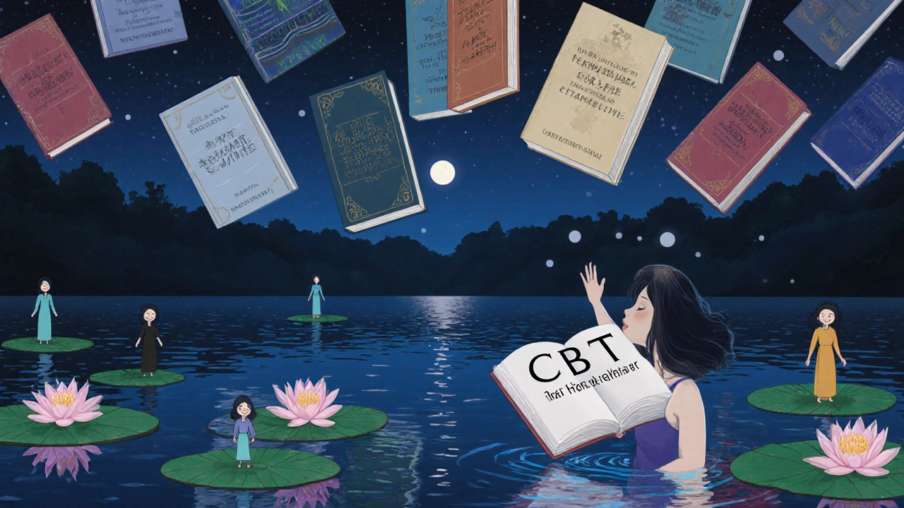 Floating SSRI books hover above a lake as a woman reaches for a CBT book, with moonlit lilies blooming into smiling women.