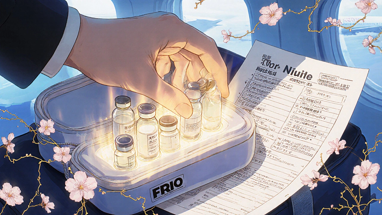 Hand placing insulin vials into a cooling pack with floating bilingual documents and cherry blossoms