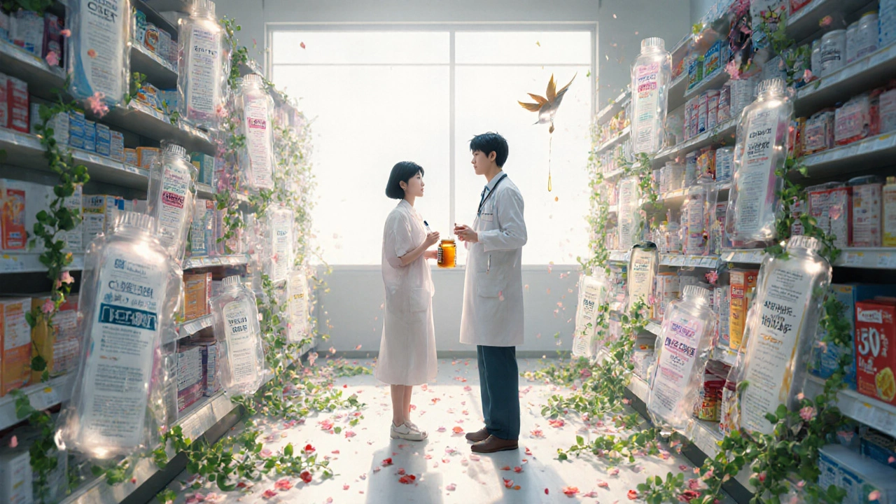 Parent and doctor in a pharmacy, holding safe remedies as toxic medicine labels turn to petals and vines grow around them.