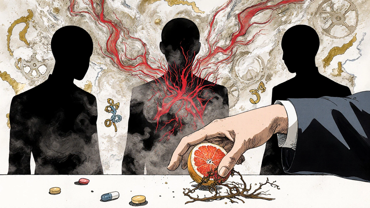 Patient&#039;s hand turning into grapefruit branch as high-risk medications dissolve into smoke.