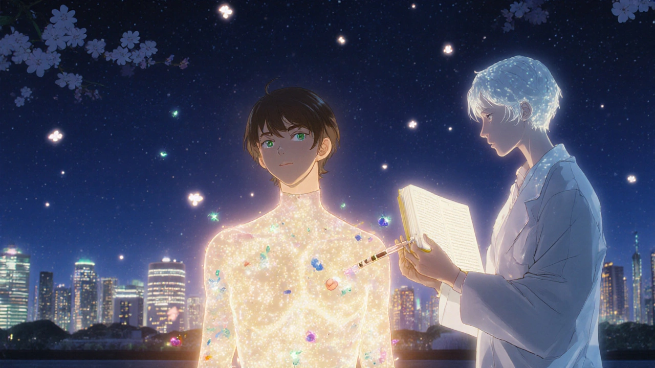 Patient illuminated by variant protein molecules under a starry sky