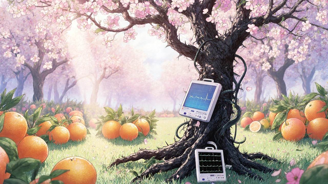 Safe citrus fruits blooming beside a dying grapefruit tree in a symbolic garden scene.