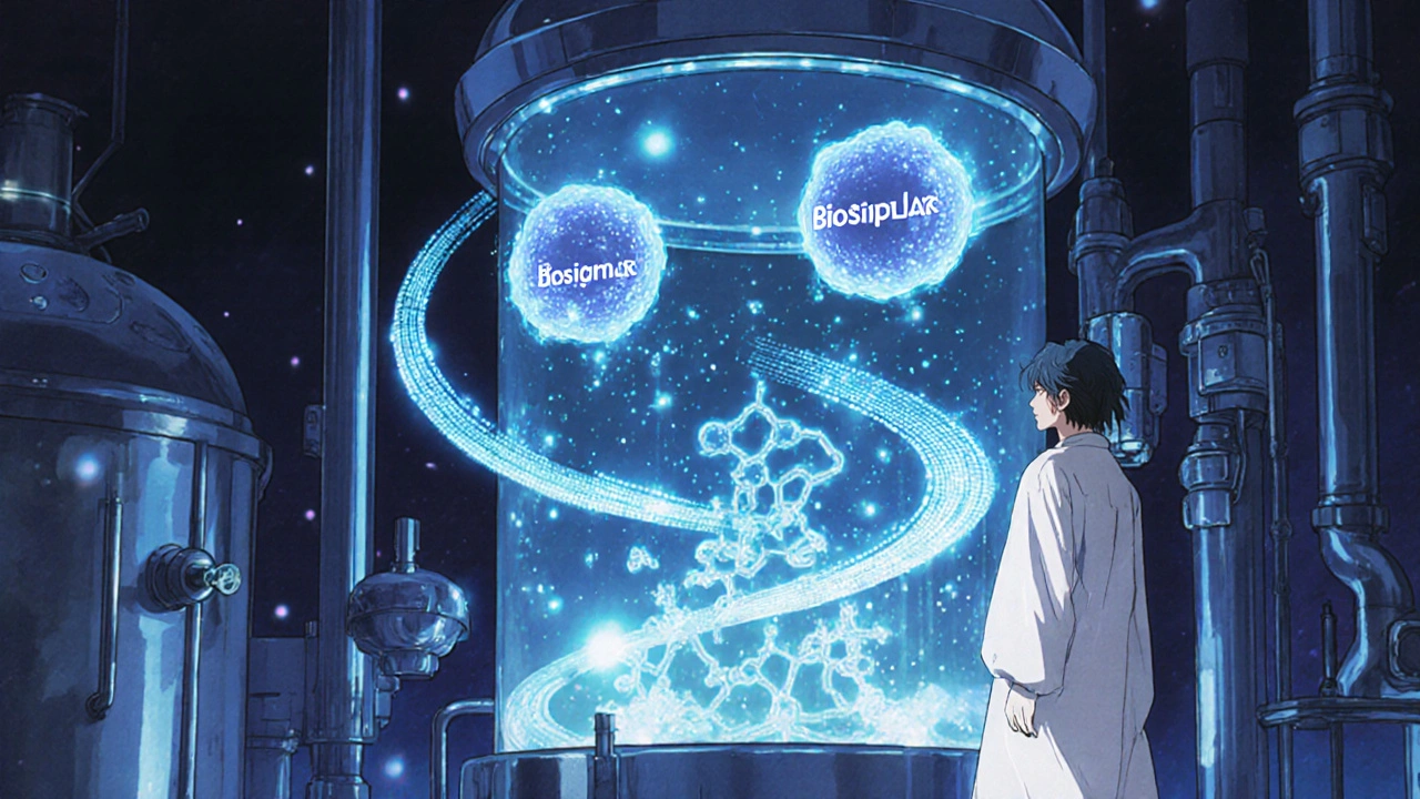 Technician beside a glowing bioreactor with spectral data streams