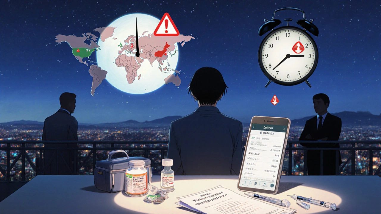 Traveler on balcony with medication kit, glowing app, and warning symbols over restricted countries