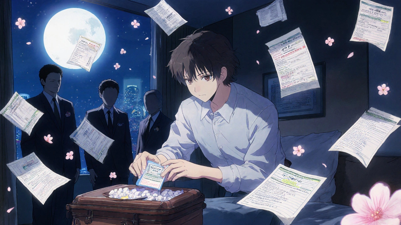 Traveler packing meds at night with floating medical documents and cherry blossoms under moonlight.