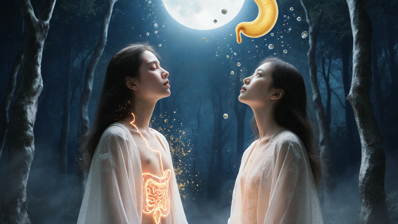 Two serene post-surgery figures with floating anatomical symbols—one with a banana-shaped stomach, the other with bypassed intestines.