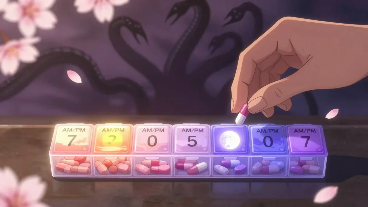 A 7-day pill organizer glows with morning and evening pills as dangerous interactions retreat in shadow.