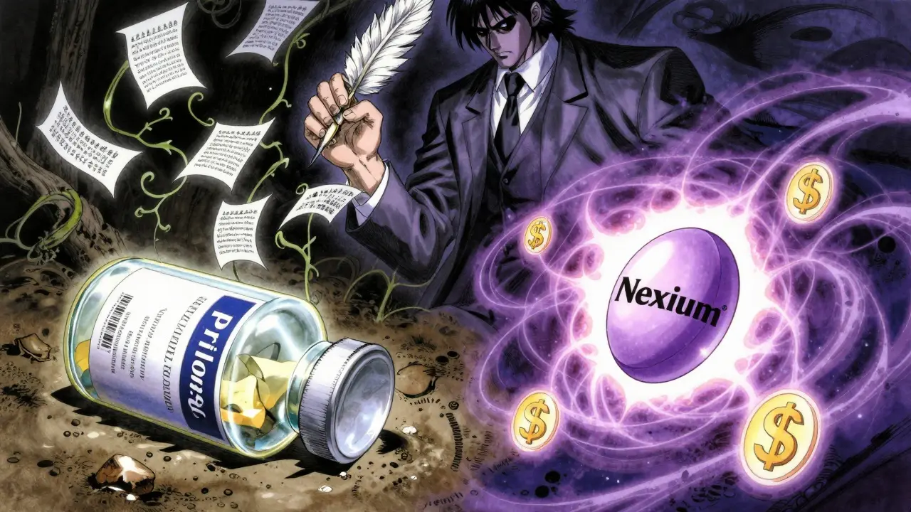 A discarded original drug next to a glowing, marketed version, with a corporate figure writing new patents in the air.