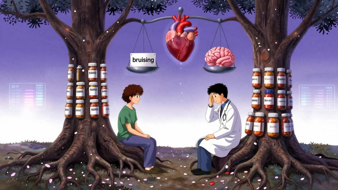 A doctor and patient beneath a tree of pill roots, with a celestial scale balancing heart and brain under warning signs.