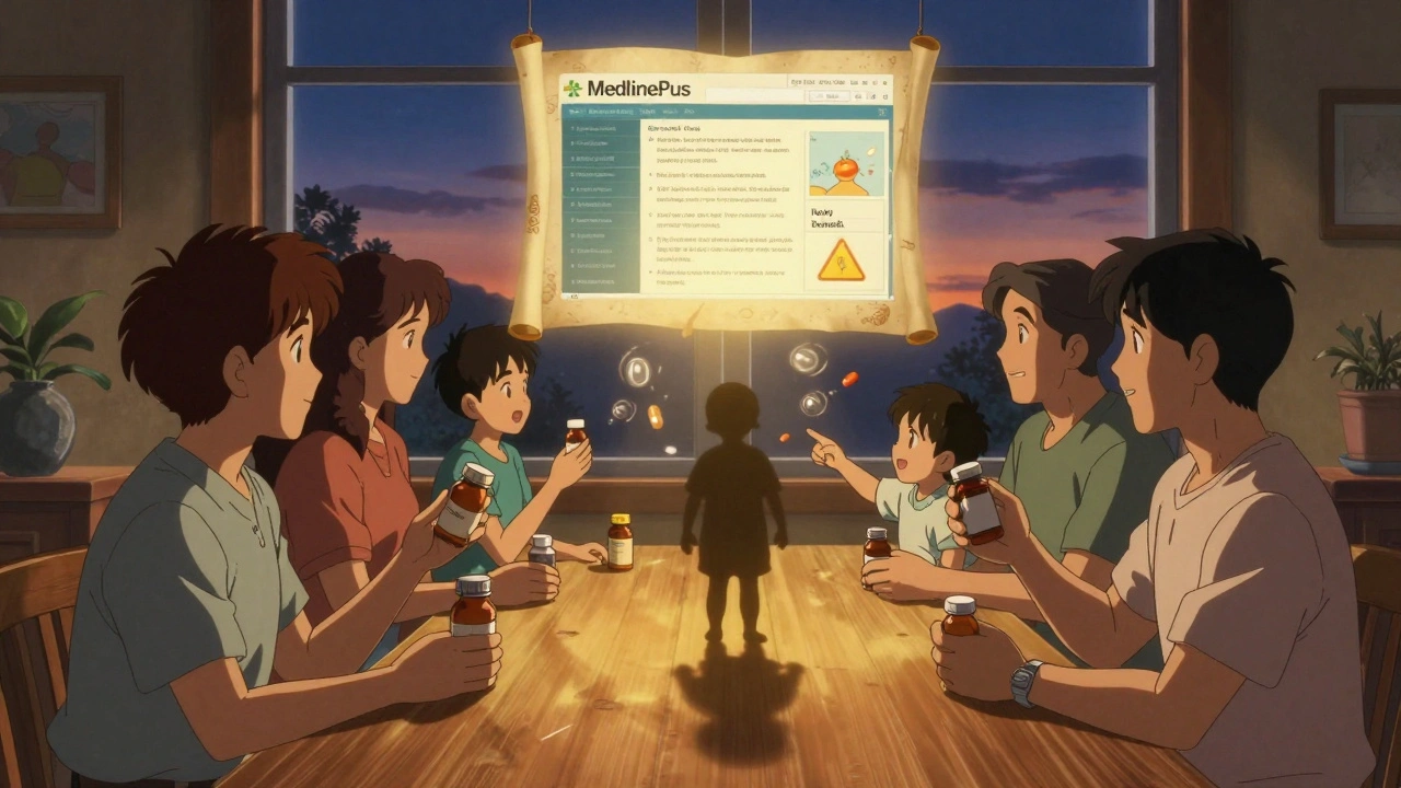 A family gathered around a table, illuminated by a floating MedlinePlus page with multilingual drug info.