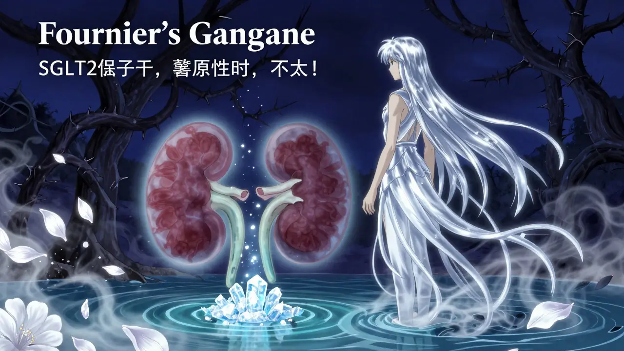 A figure with aquatic tendrils beside a glowing kidney releasing sugar crystals, while a dark vine looms behind.