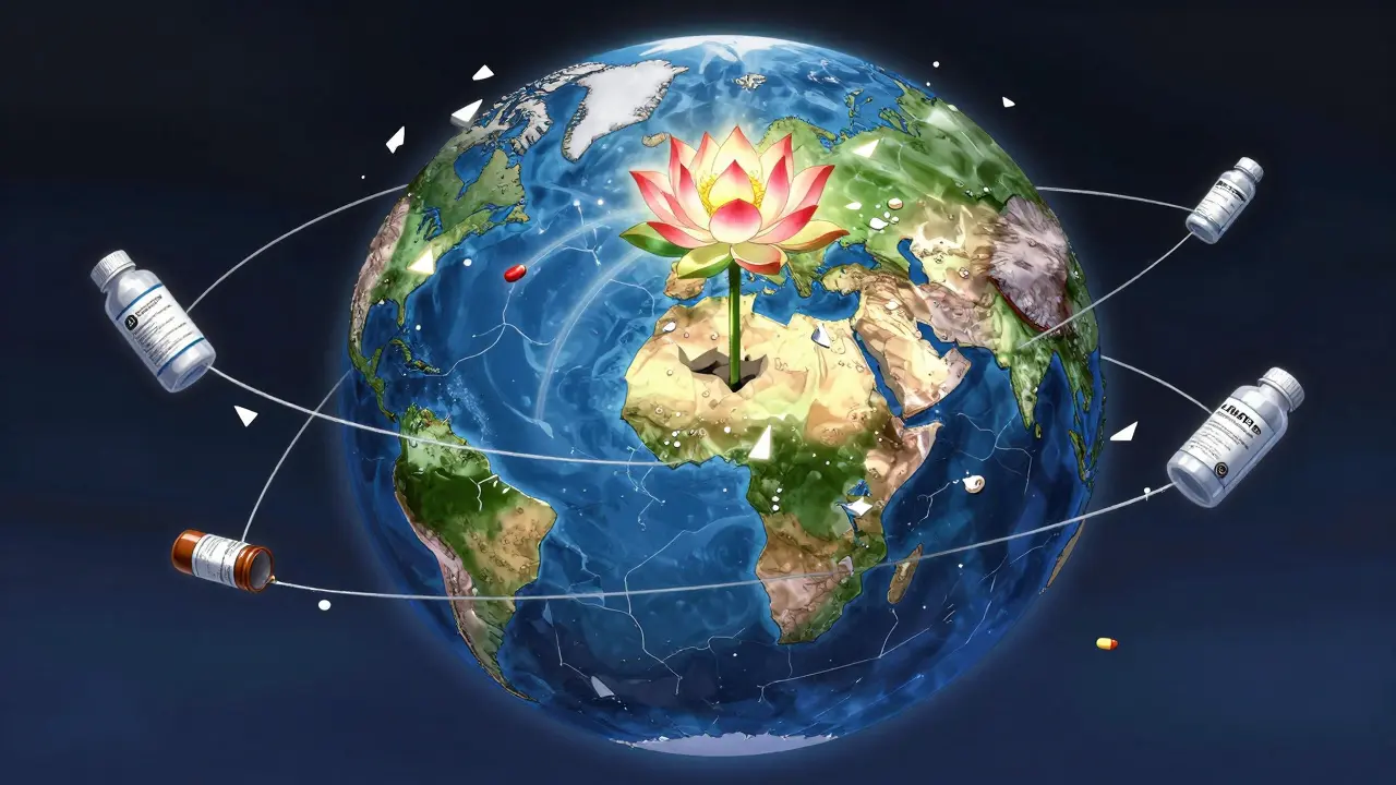 A fractured globe of medicine supply chains frays at the edges, with a glowing lotus rising as a symbol of hope.