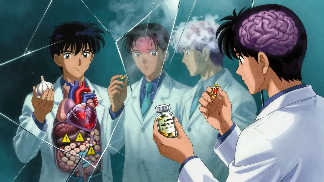 A fractured mirror reflecting a person with supplements causing internal warning signs.