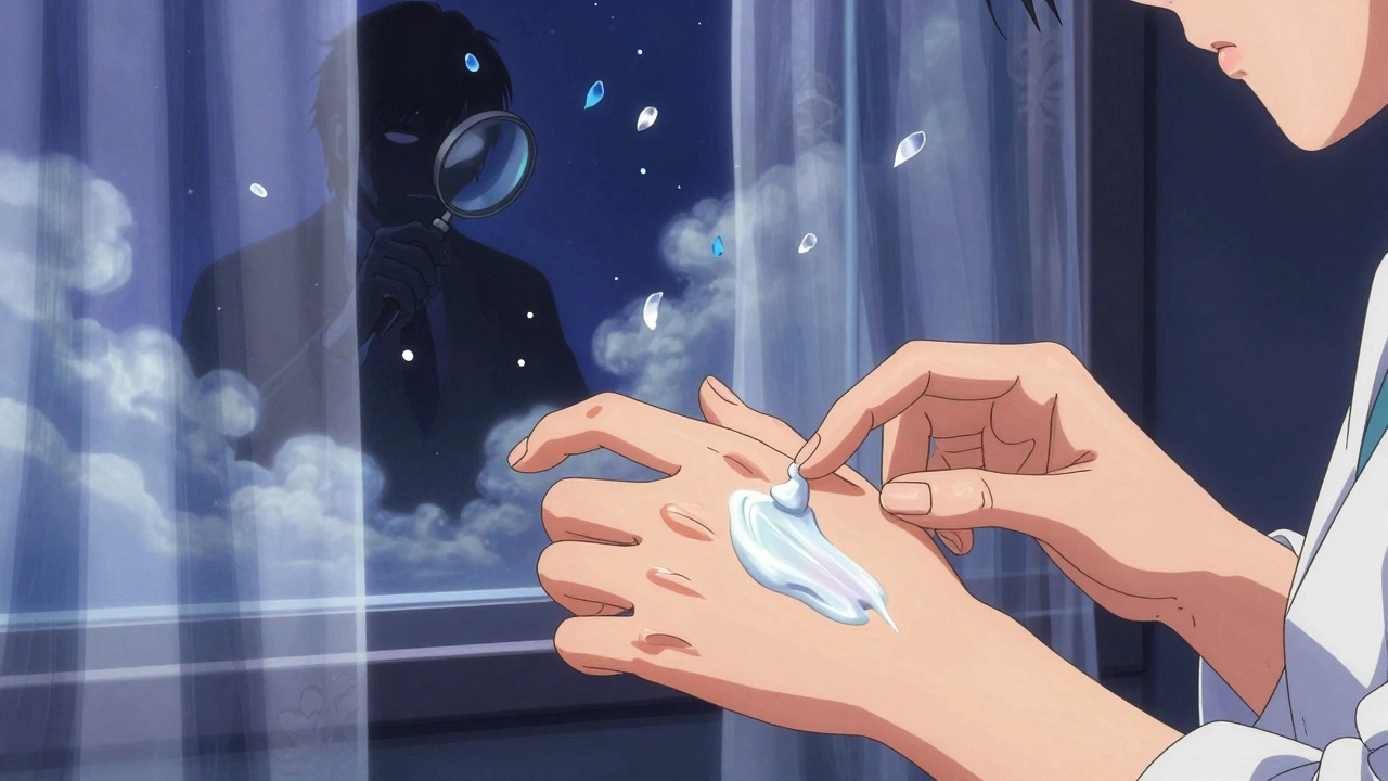 A hand applies mineral sunscreen that transforms into protective armor, with UVA rays piercing through clouds in delicate anime detail.