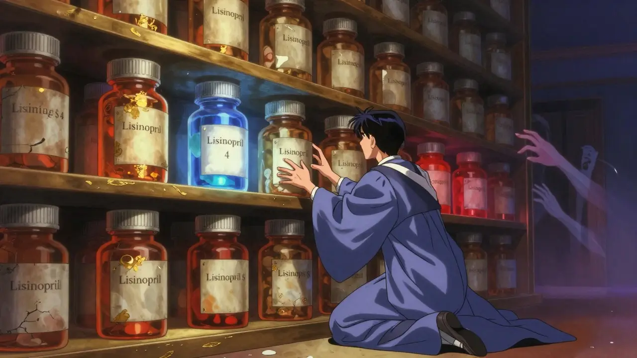 A medical student reaches for a glowing  pill bottle among towering, price-tagged shelves filled with ghostly patients.