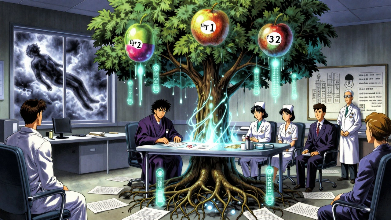 A mystical tree with pill-shaped fruit grows from a hospital table, tended by robed medical figures amid glowing data streams.