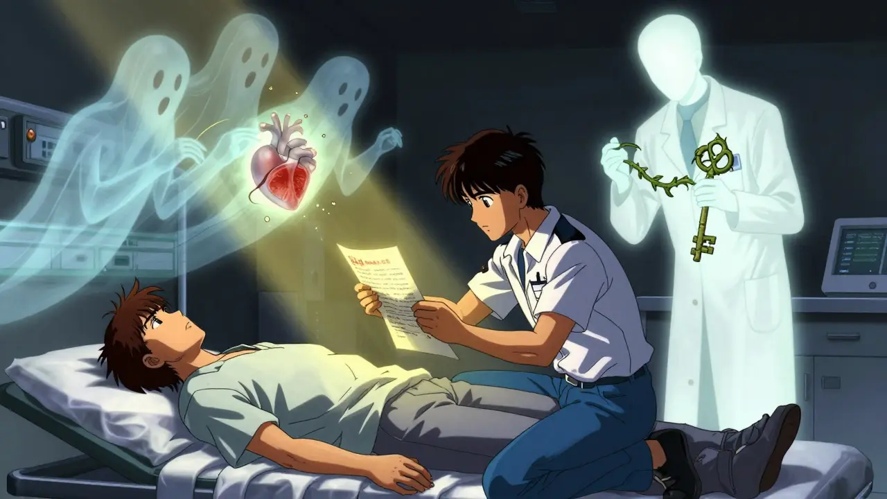 A paramedic shows a medication list to a collapsed patient, while spectral supplements hover menacingly above.