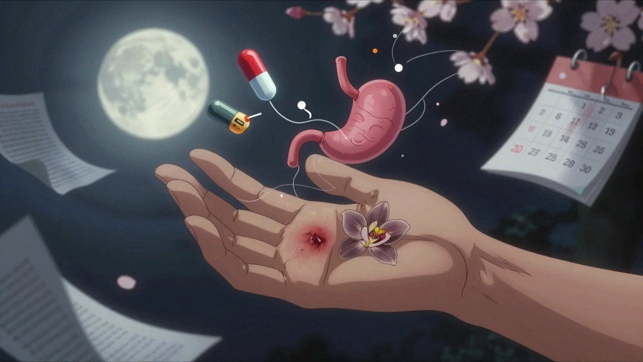 A patient&#039;s hand with a bruise like an orchid, surrounded by floating medical symbols and fading calendar days.