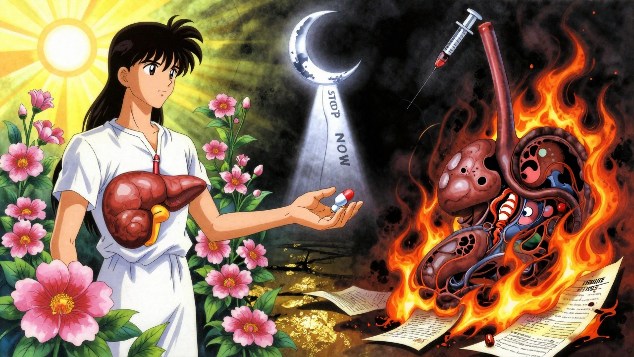 A patient at a crossroads between a healthy and destroyed pancreas, holding a cracking pill that reveals a crying face.