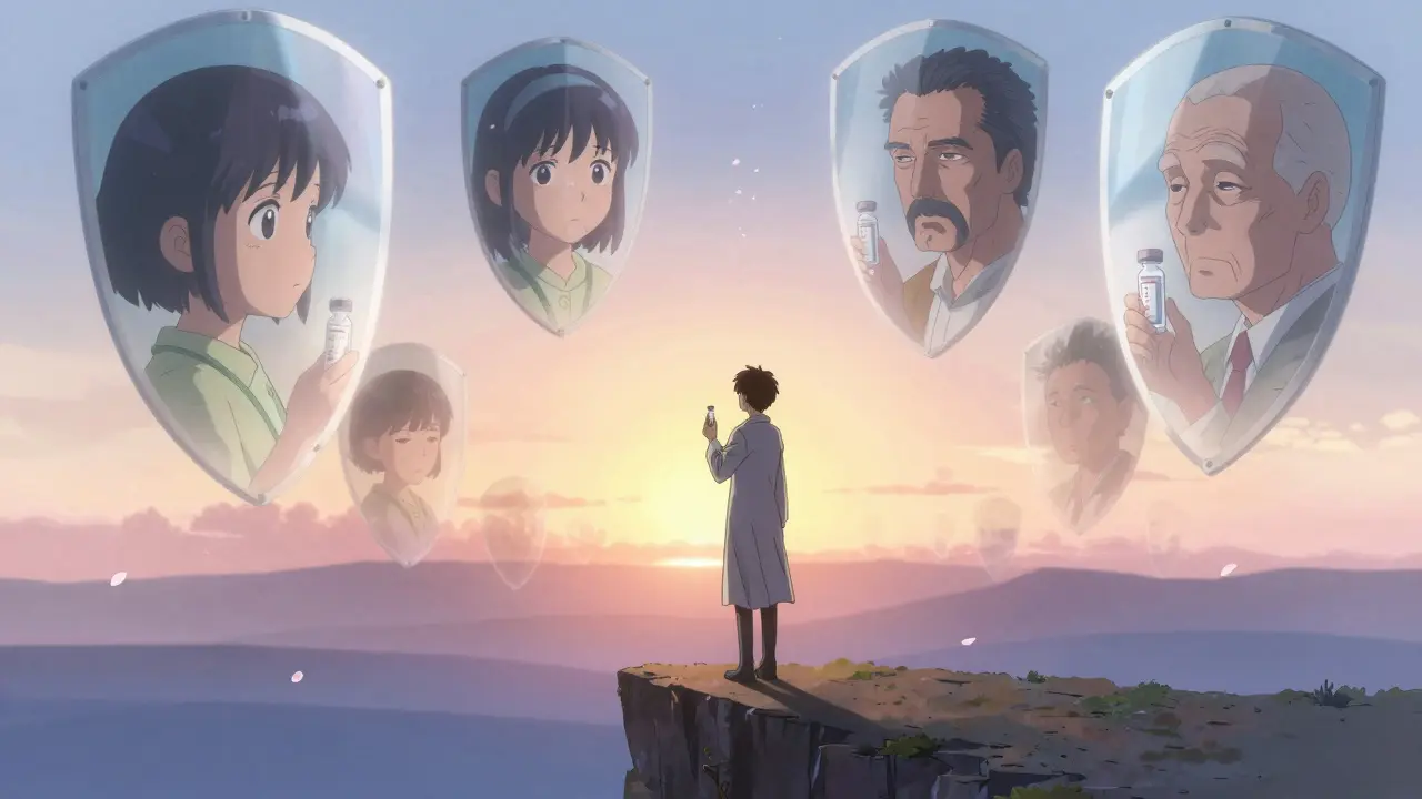 A patient at dawn holding insulin, facing a horizon blocked by floating patent shields, reflections of their life in a broken mirror.