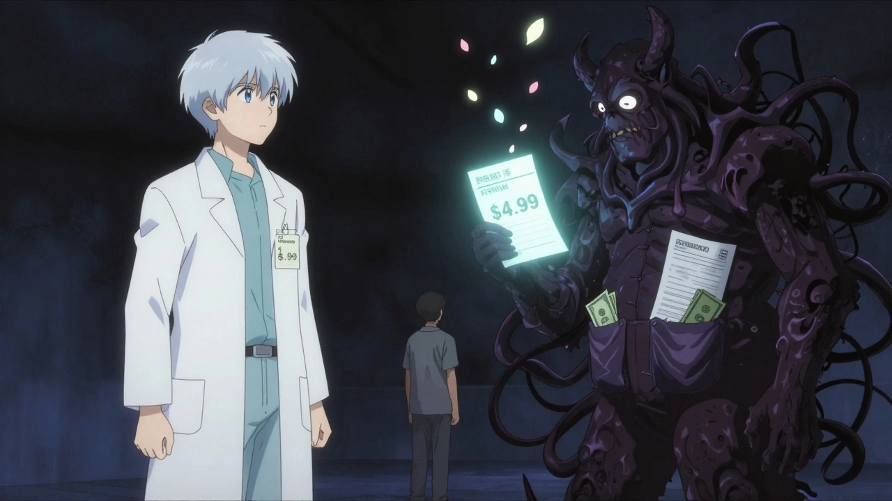 A patient between a transparent pharmacy and a shadowy PBM, with two contrasting drug prices glowing in the air.