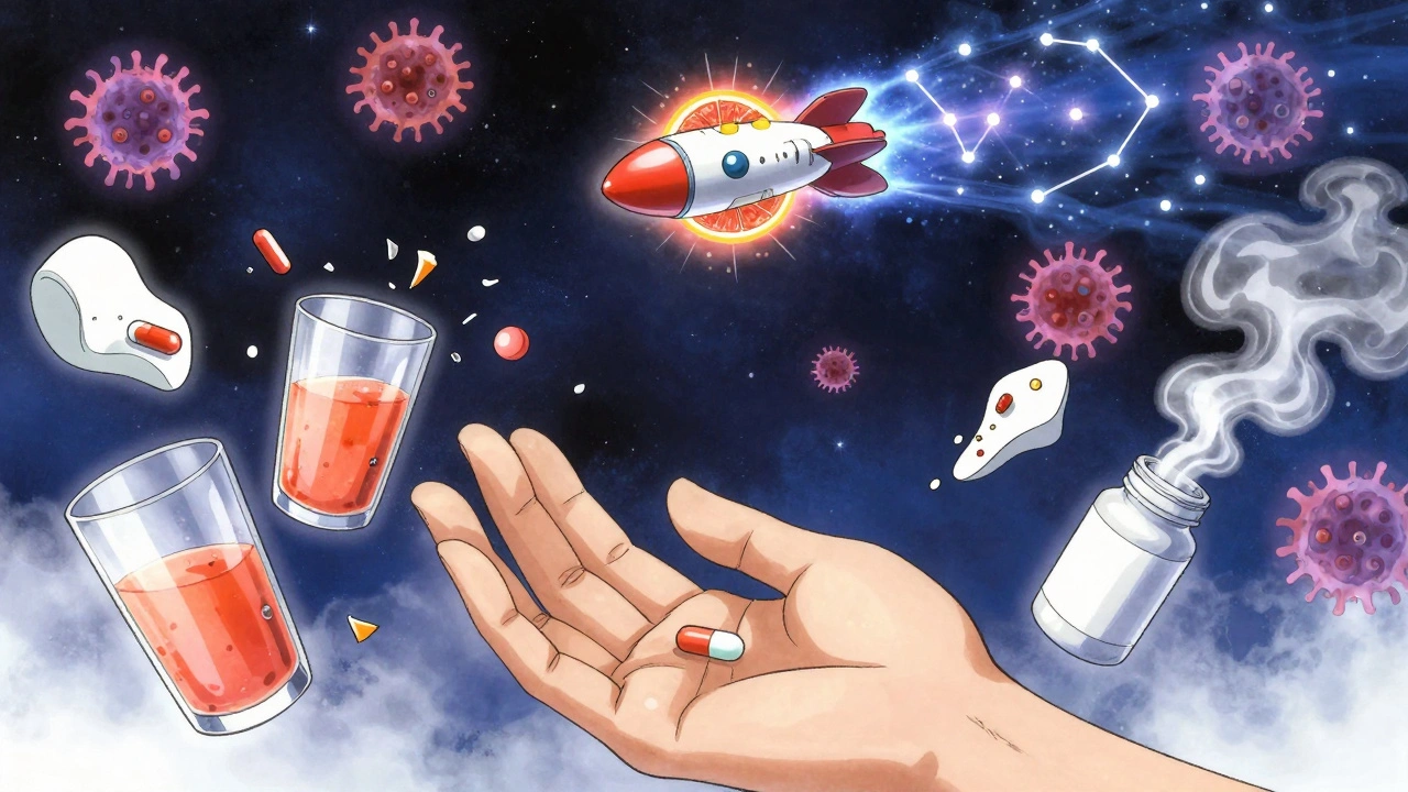 A patient holding a chemo pill as dangerous interactions dissolve around them, while a targeted missile destroys cancer cells.