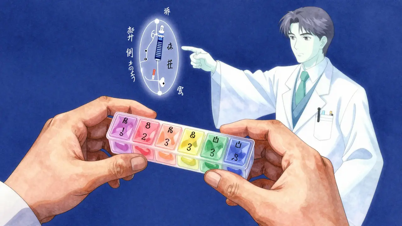 A patient holds a lotus-shaped pill organizer as ghostly diagrams of injections float beside them in soft light.