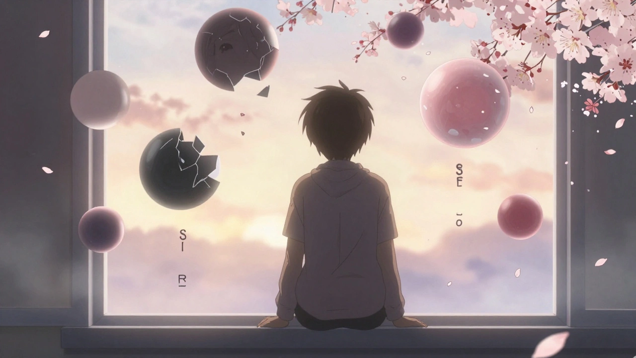 A person at dawn surrounded by floating emotional orbs, with SSRI symbols drifting like cherry blossoms.