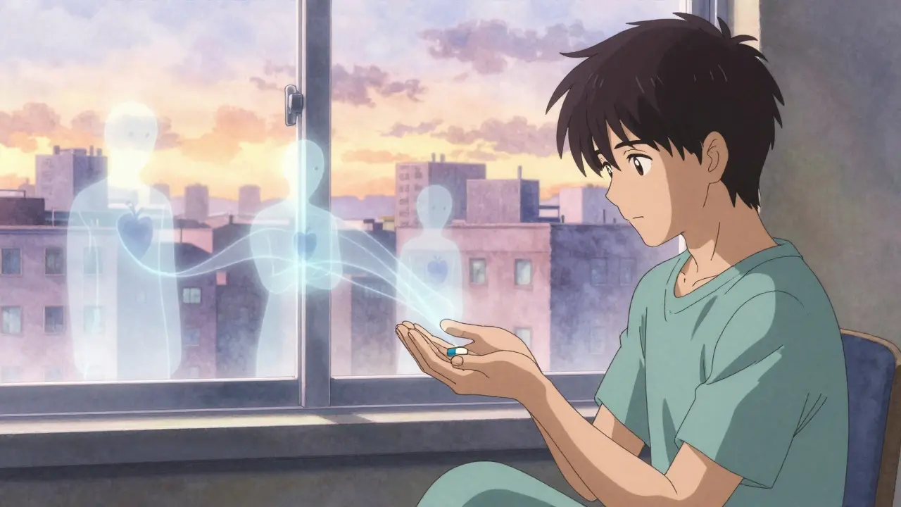 A person holding an extended-release pill as ghostly energy trails connect to their heart at dawn.