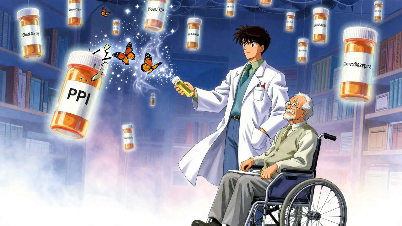 A pharmacist and elderly man surrounded by prescription bottles transforming into butterflies, representing deprescribing.