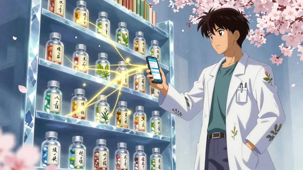 A pharmacist beside a crystalline bookshelf of floating pills and herbs, connecting digital and physical meds with golden threads.