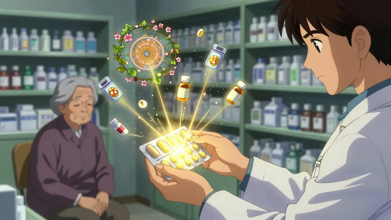 A pharmacist handing a blister pack to a senior, with golden light connecting them.