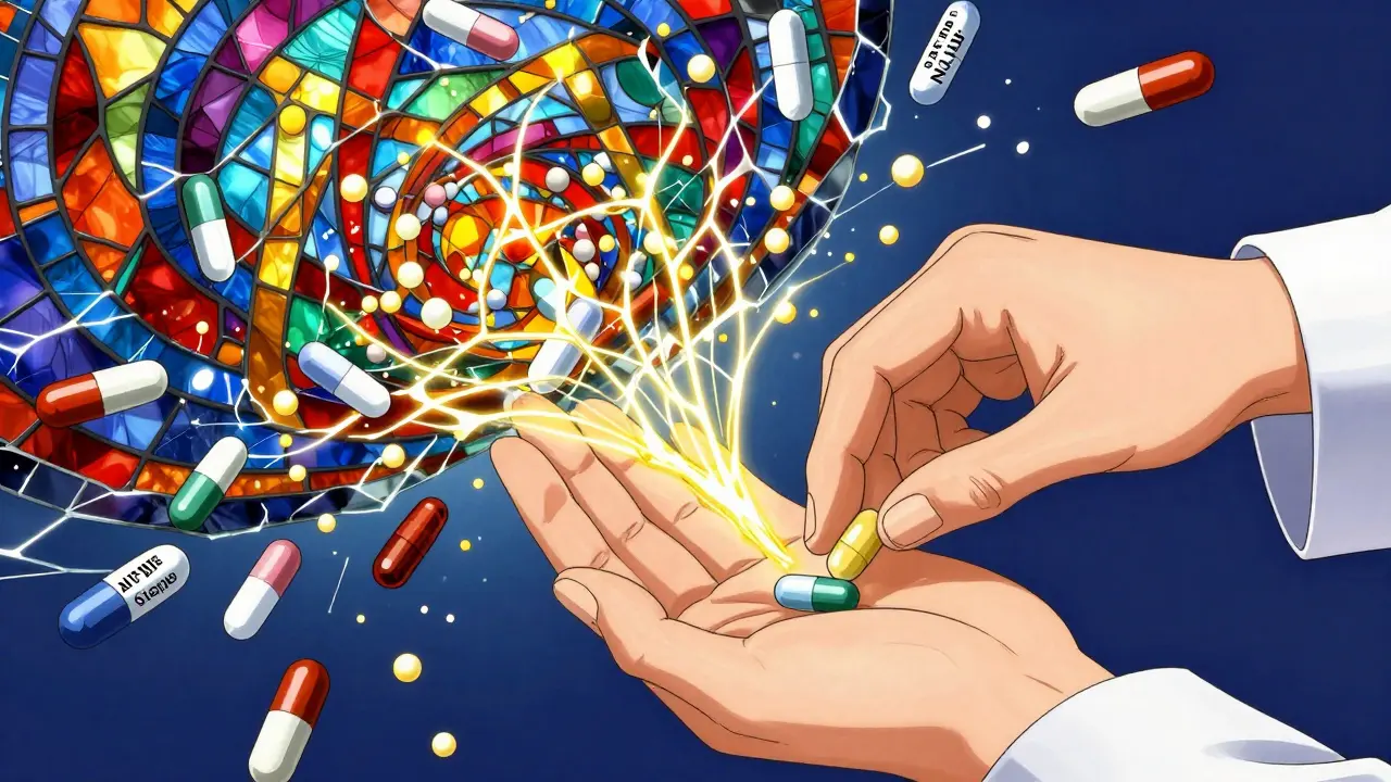 A pharmacist handing a pill as chaotic drug combinations shatter into safety around a glowing medication list.