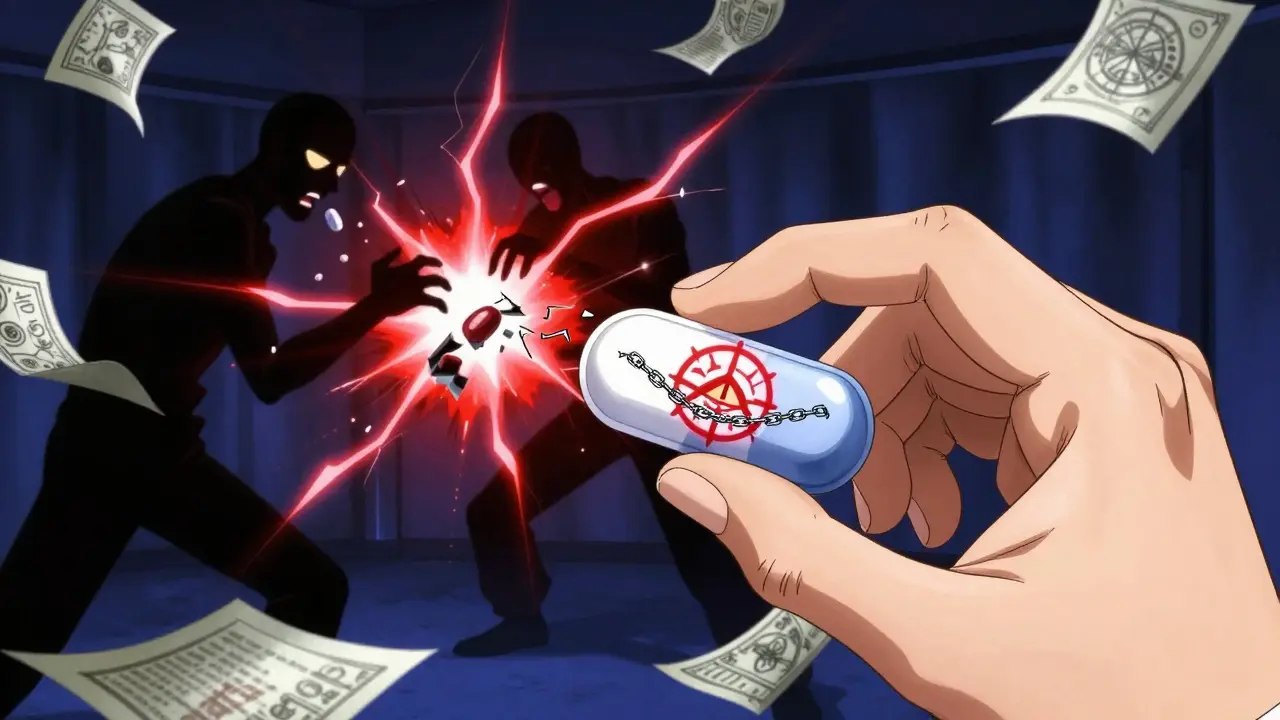 A pharmacist placing a warning sticker on a pill while shadowy figures destroy it with lightning.