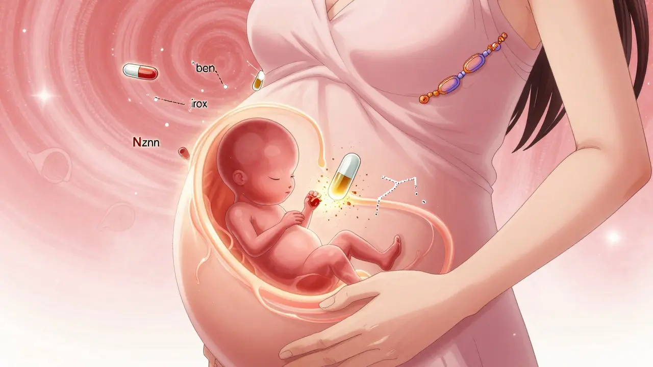 A pregnant woman’s hand over her belly revealing a glowing fetus, with genetic and medication symbols floating like stars around her.