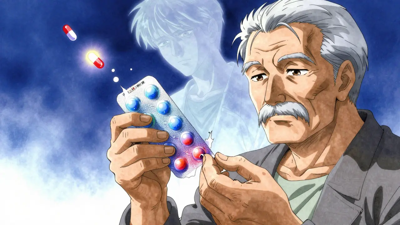 A senior tearing open a flexible pill pack with glowing, color-coded pouches.